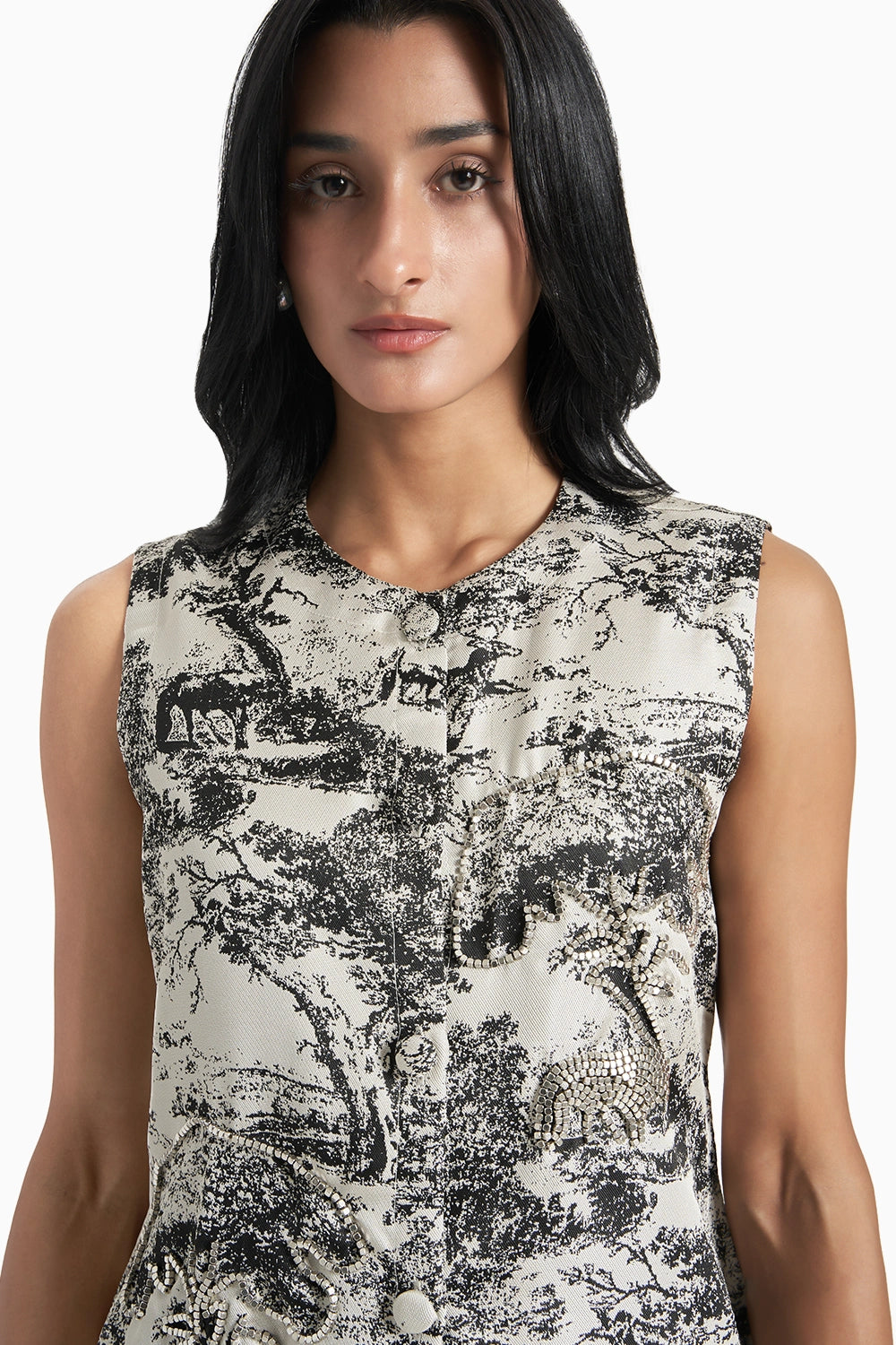 Black and White Silk Jacquard Jacket Set
