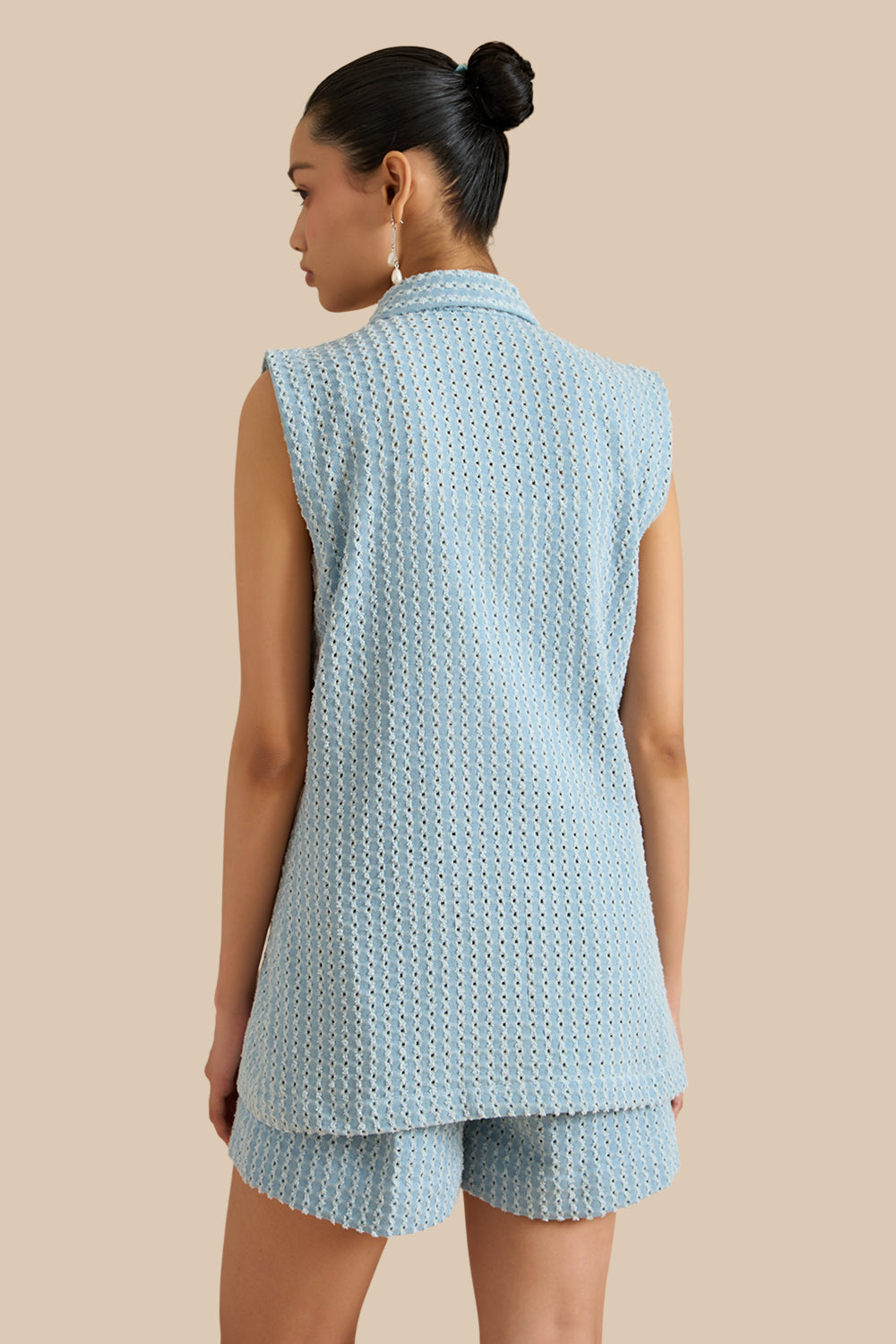 Light Blue Denim Lazercut Buttoned Shacket Set