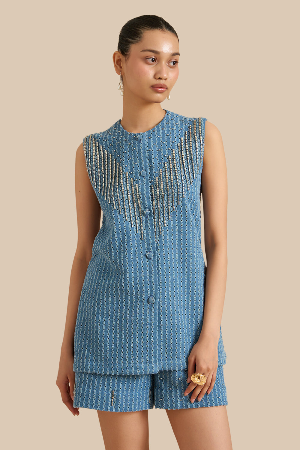 Medium Blue Denim Lazercut Buttoned Shacket Set