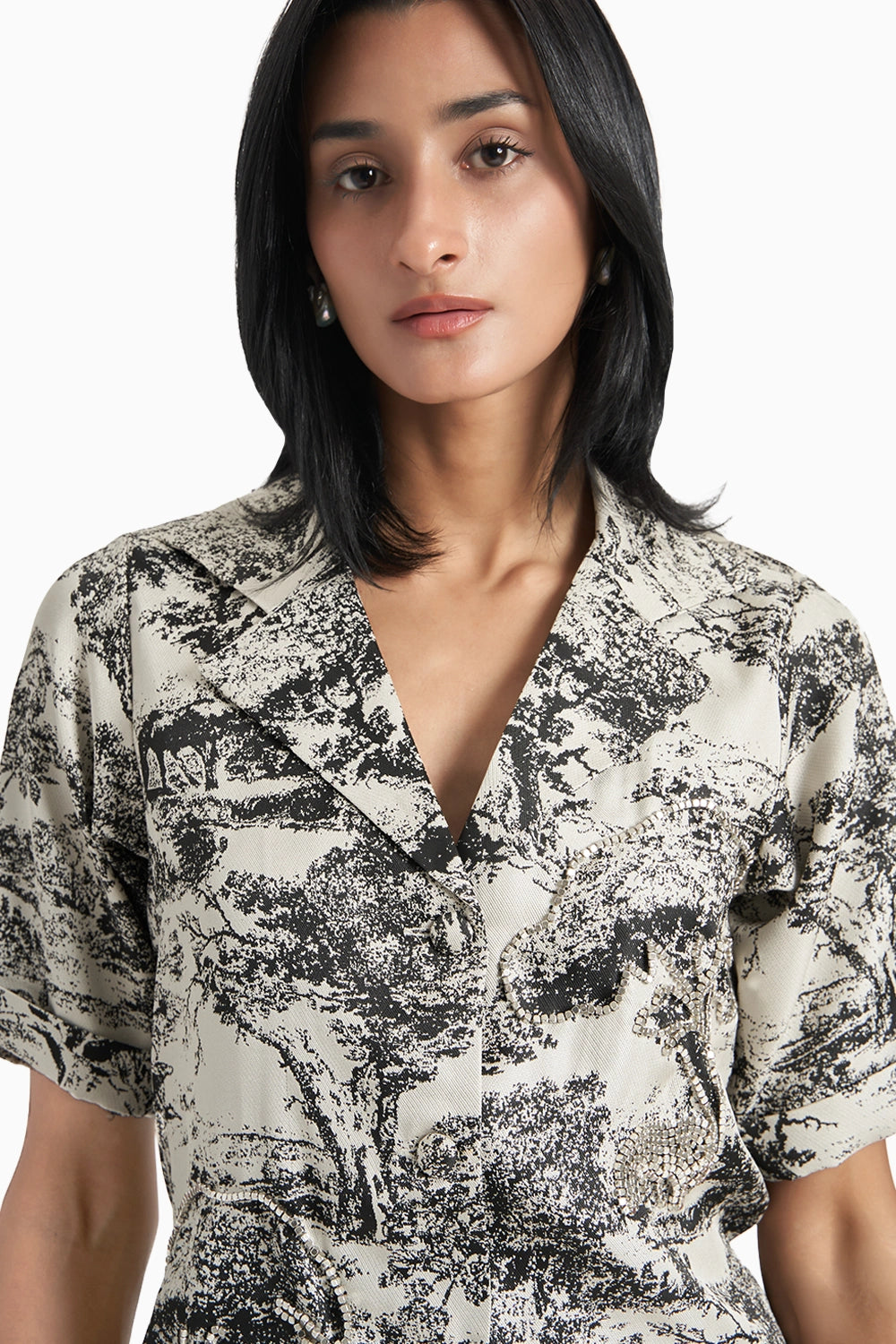 Black and White Silk Jacquard Blazer Set