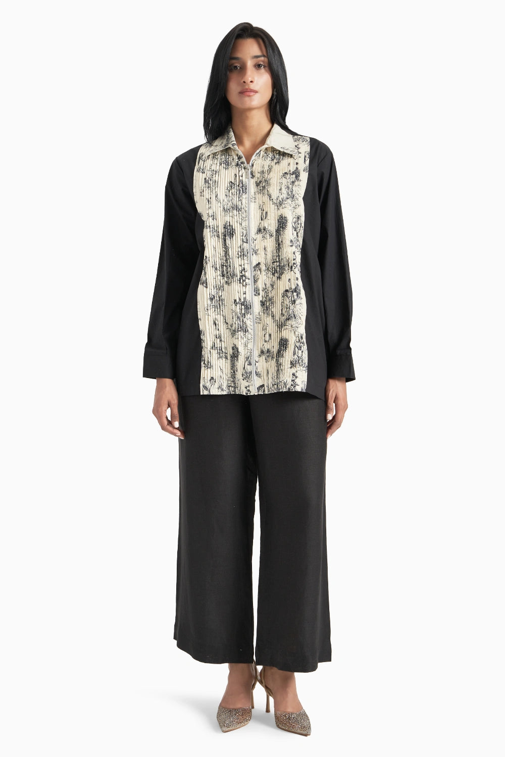 White Noble Ground Lawn Printed Pleated Shirt with Black Cotton Panel Set