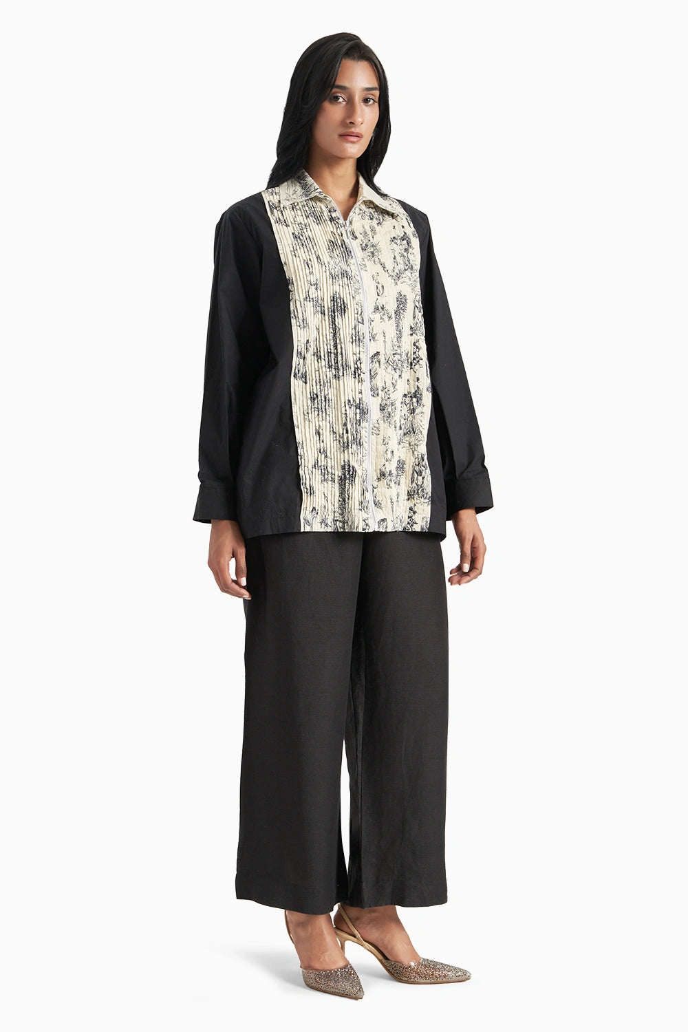White Noble Ground Lawn Printed Pleated Shirt with Black Cotton Panel Set