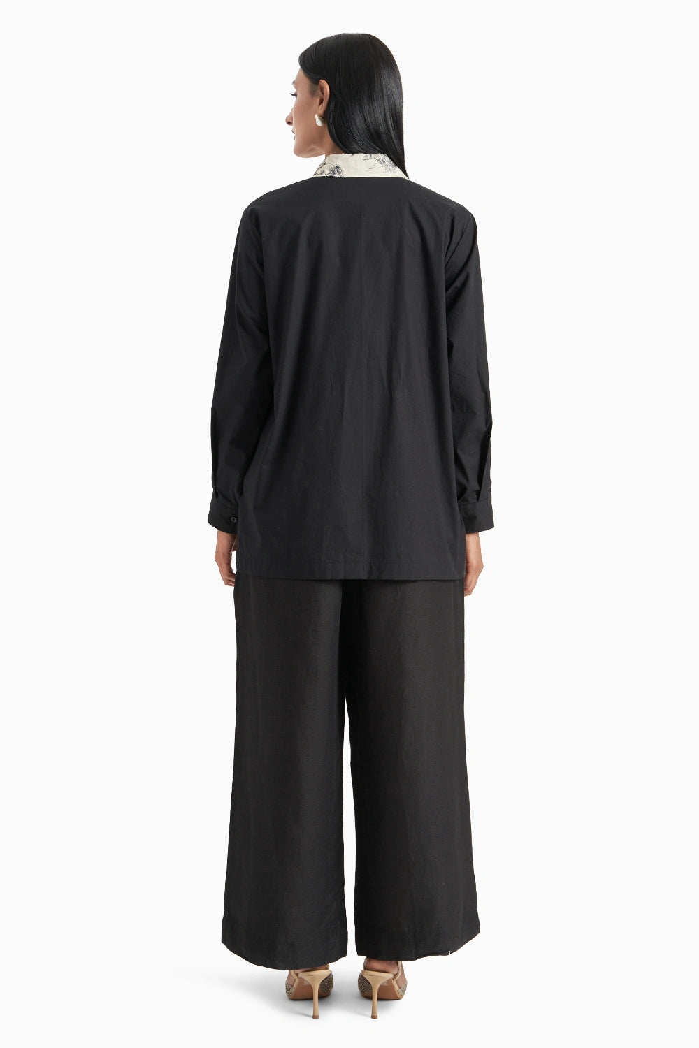 White Noble Ground Lawn Printed Pleated Shirt with Black Cotton Panel Set