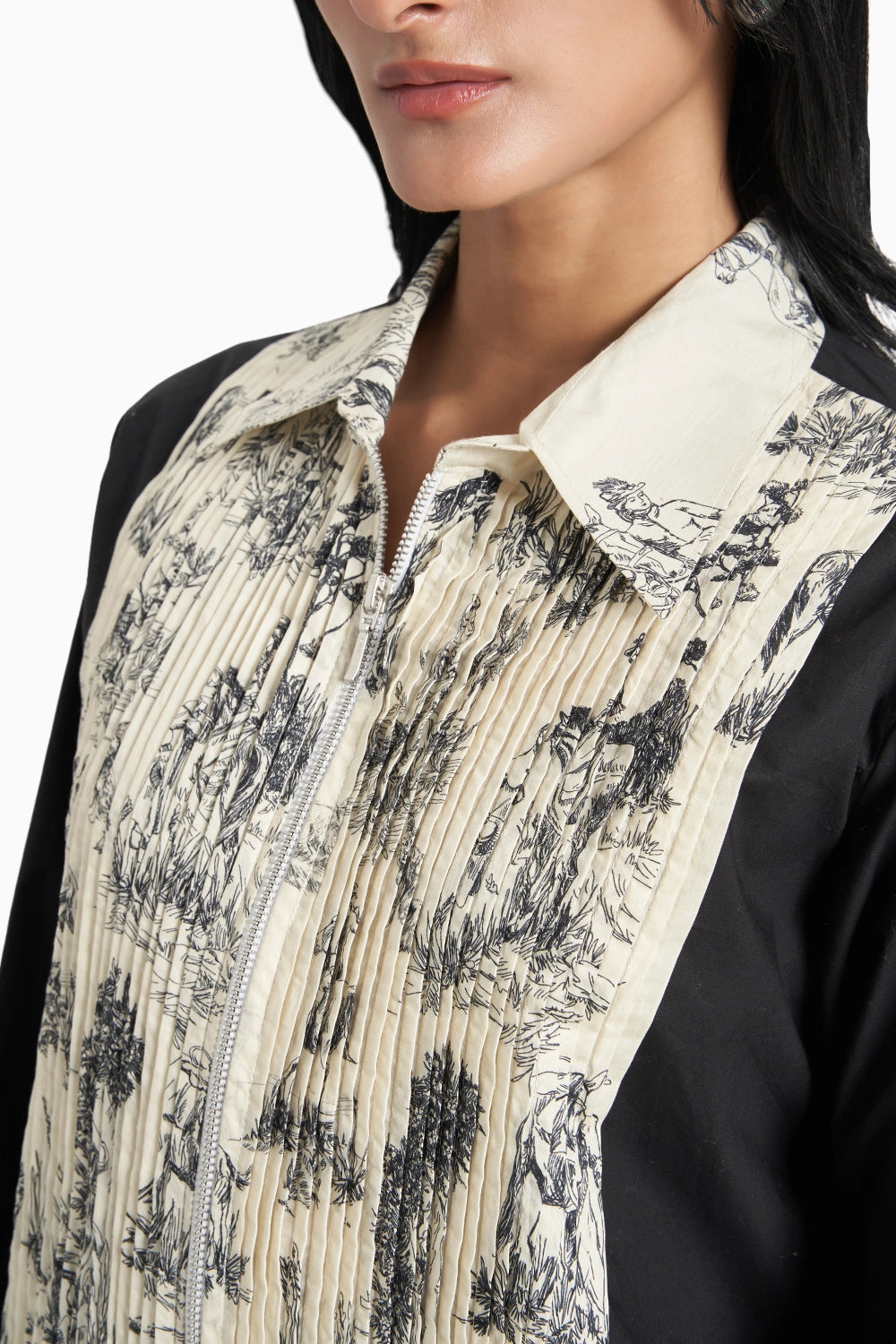 White Noble Ground Lawn Printed Pleated Shirt with Black Cotton Panel Set