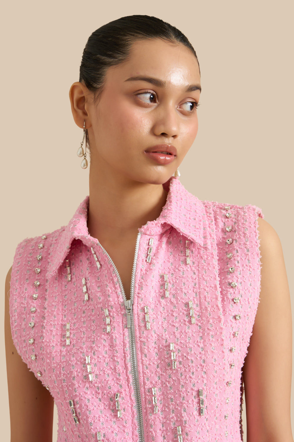 Pink Denim Lazercut Collar Pleat Bib Set