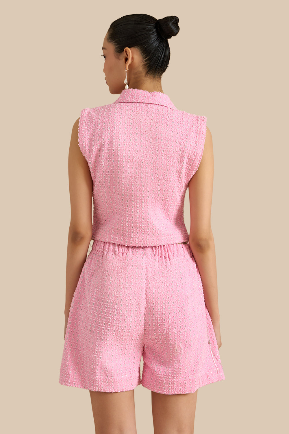 Pink Denim Lazercut Collar Pleat Bib Set
