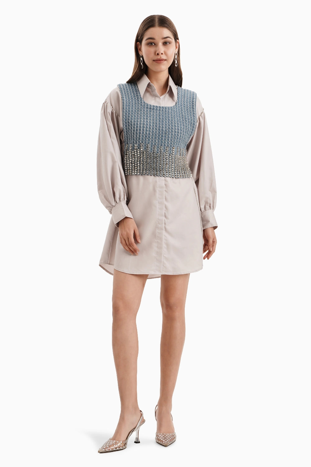 Medium Denim Bib with Taupe Cotton Shirt Dress