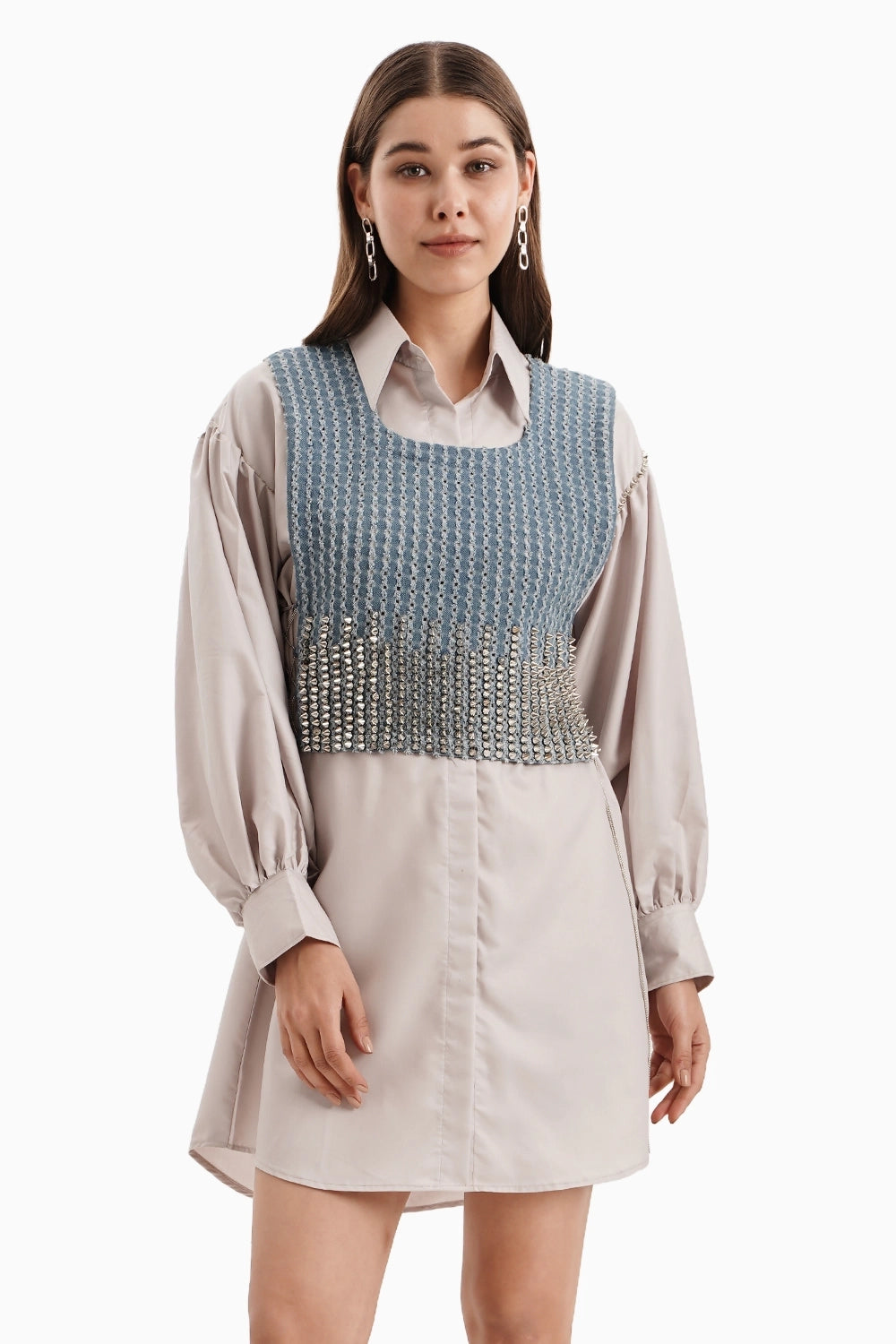 Medium Denim Bib with Taupe Cotton Shirt Dress