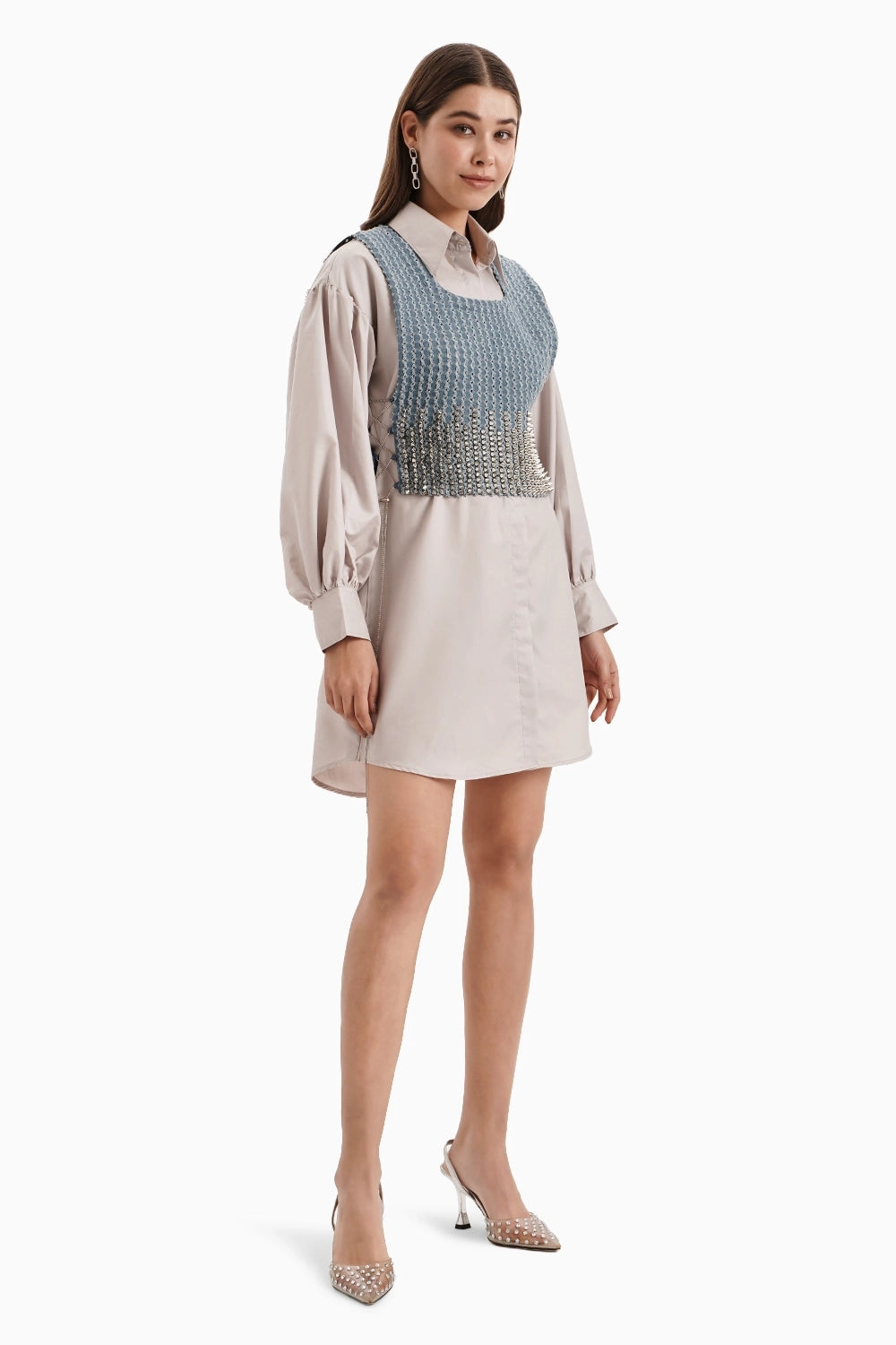 Medium Denim Bib with Taupe Cotton Shirt Dress