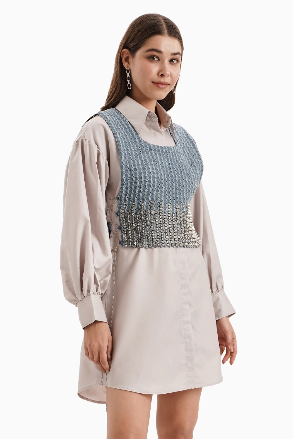 Medium Denim Bib with Taupe Cotton Shirt Dress