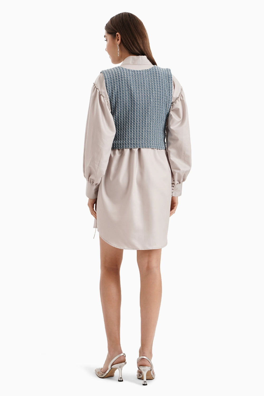 Medium Denim Bib with Taupe Cotton Shirt Dress
