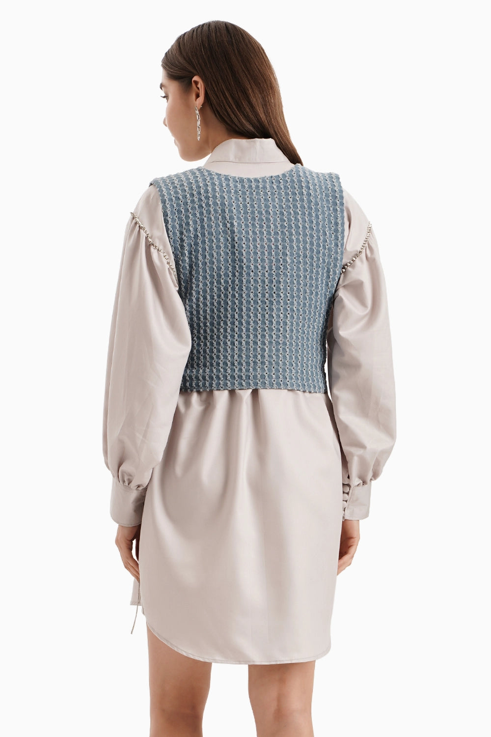 Medium Denim Bib with Taupe Cotton Shirt Dress