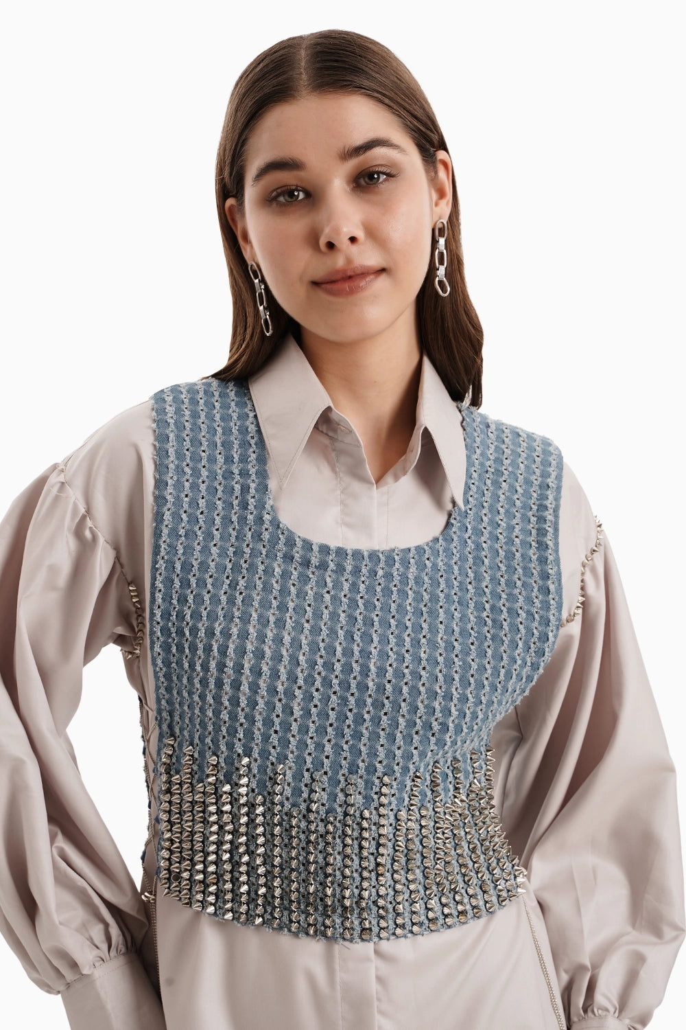 Medium Denim Bib with Taupe Cotton Shirt Dress