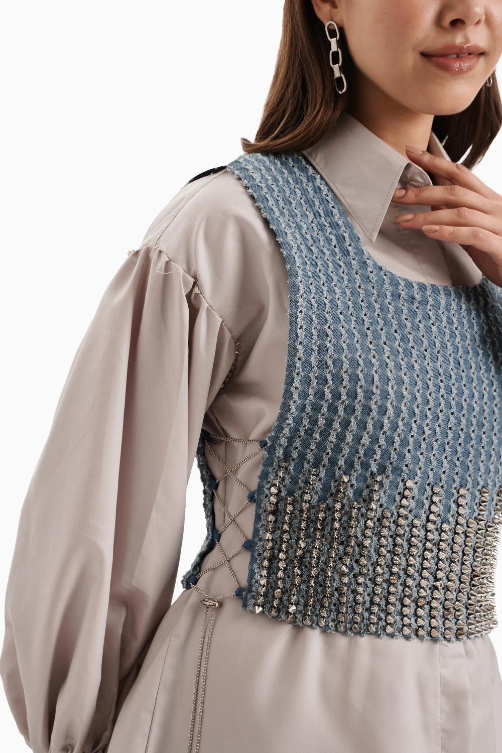 Medium Denim Bib with Taupe Cotton Shirt Dress