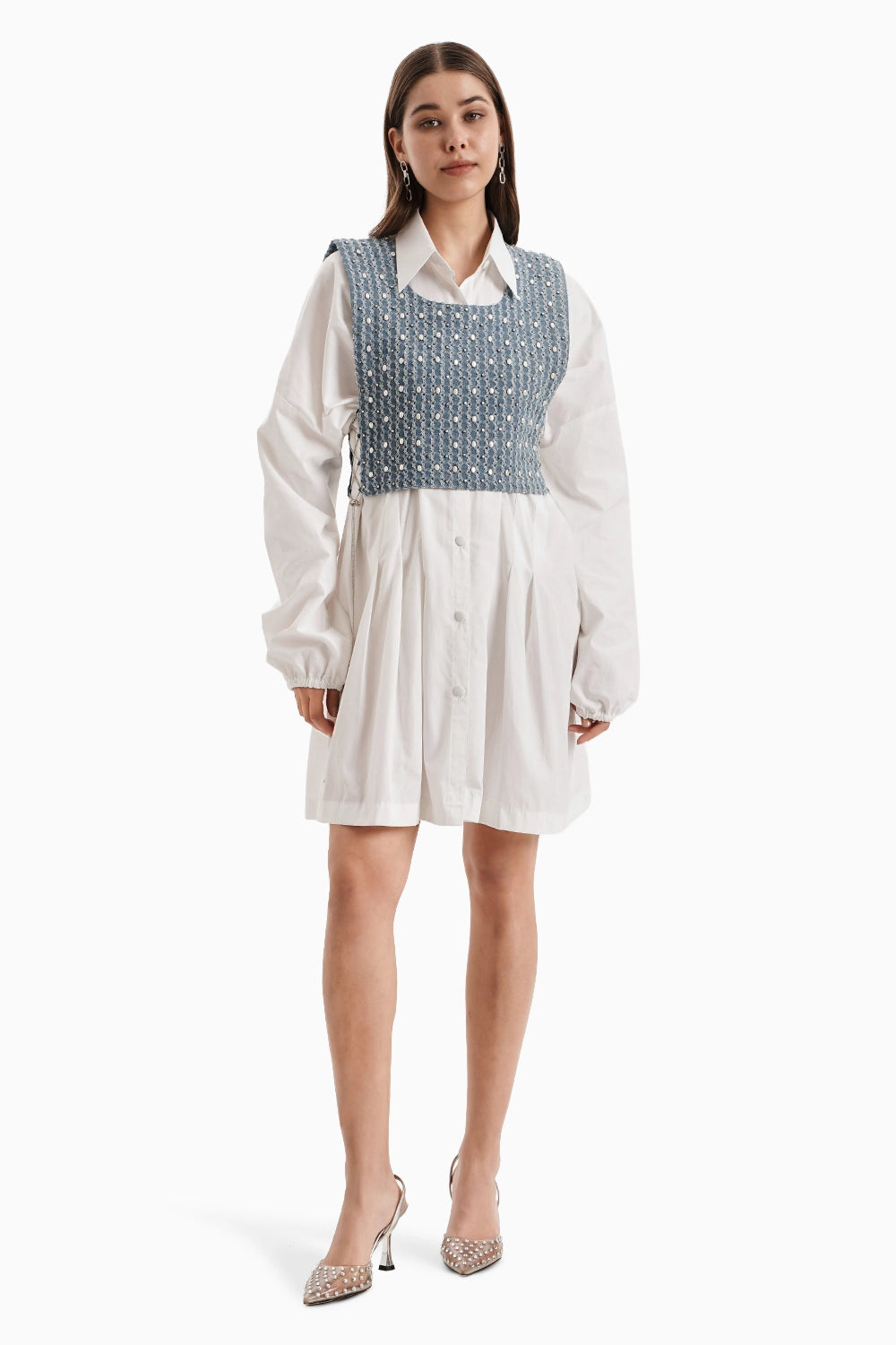 Medium Denim Bib With White Shirt Dress