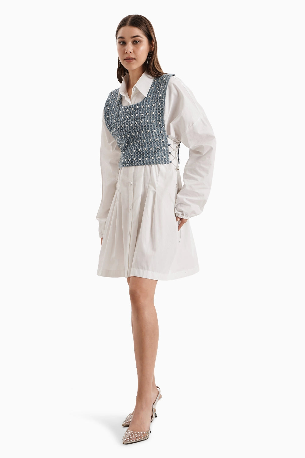 Medium Denim Bib With White Shirt Dress