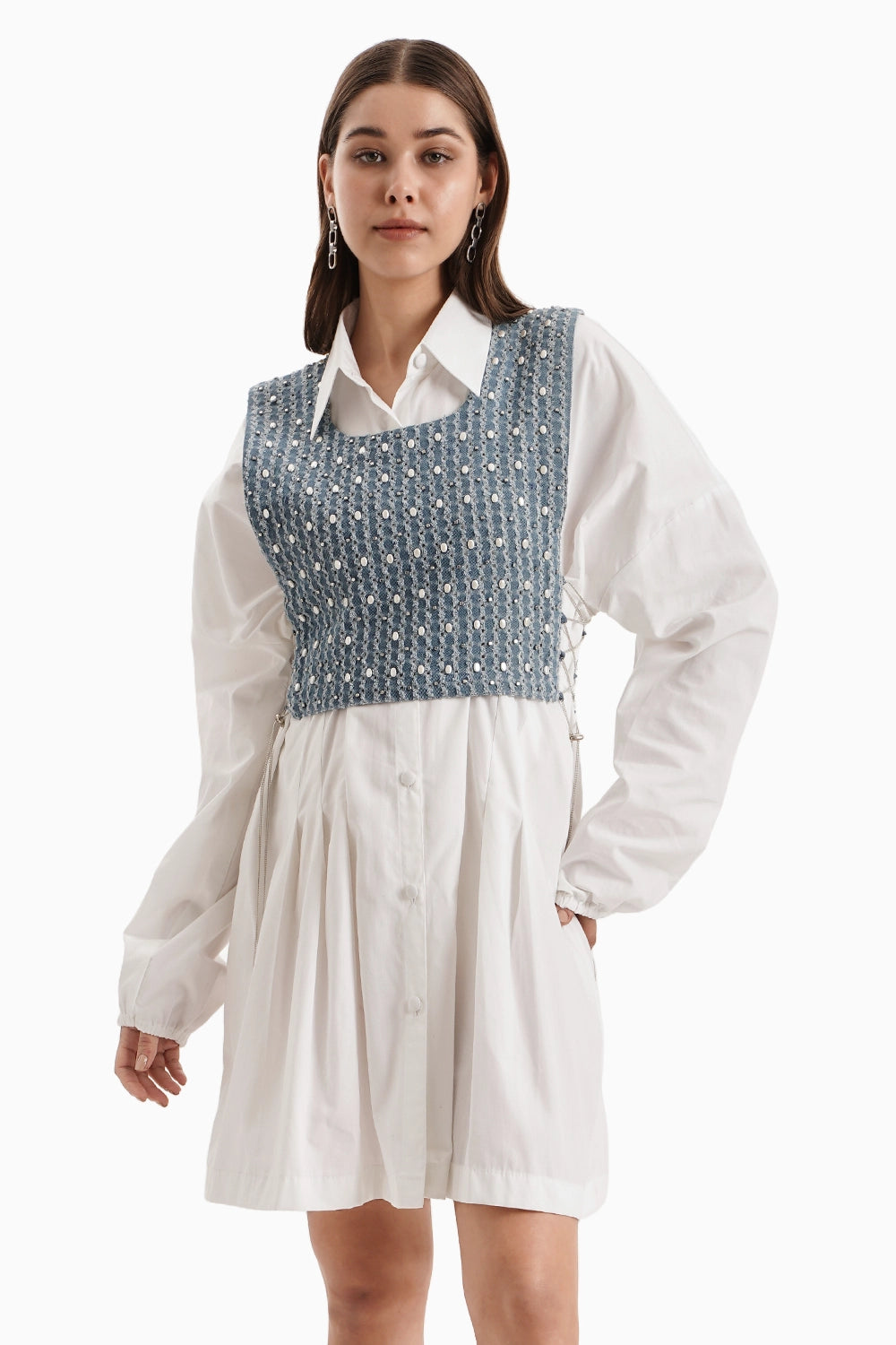 Medium Denim Bib With White Shirt Dress