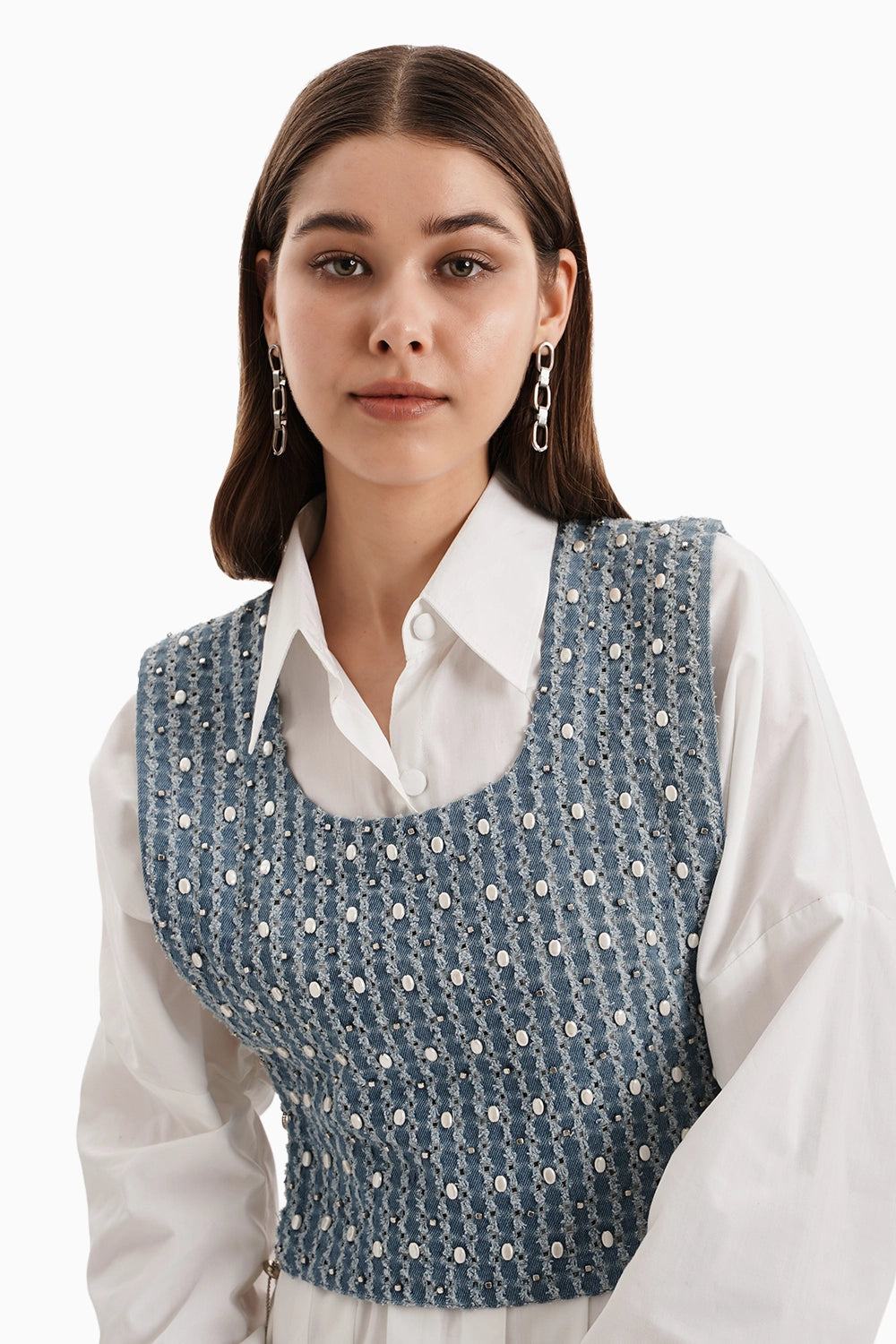 Medium Denim Bib With White Shirt Dress