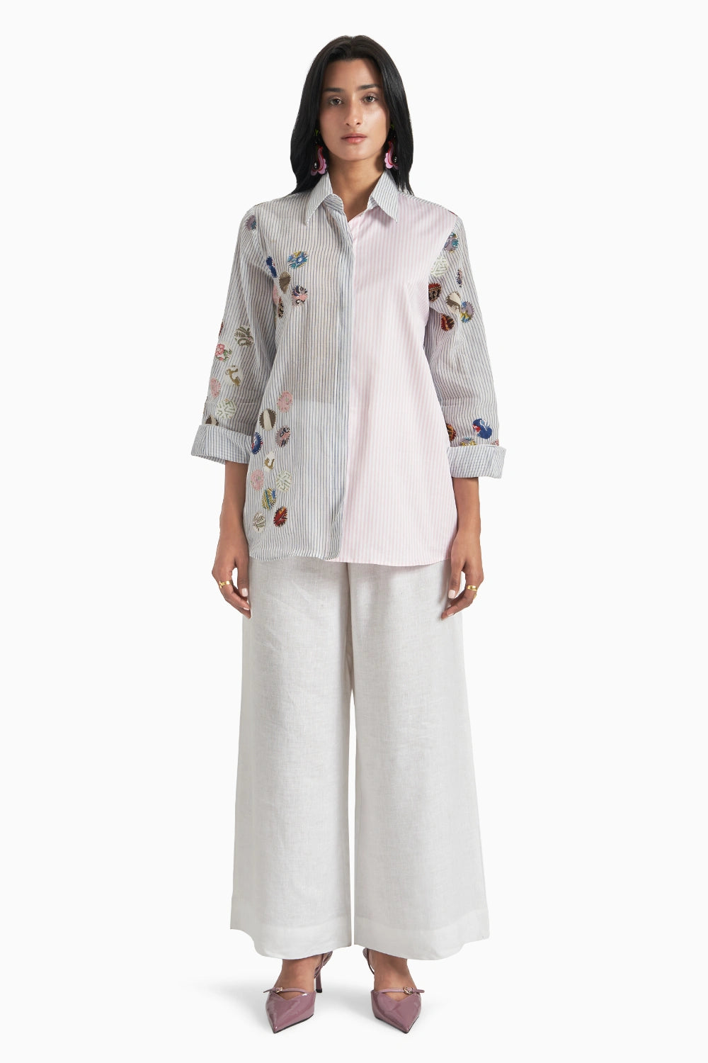 Blue Stripes with Patches Panel Shirt with Pink Stripes Set