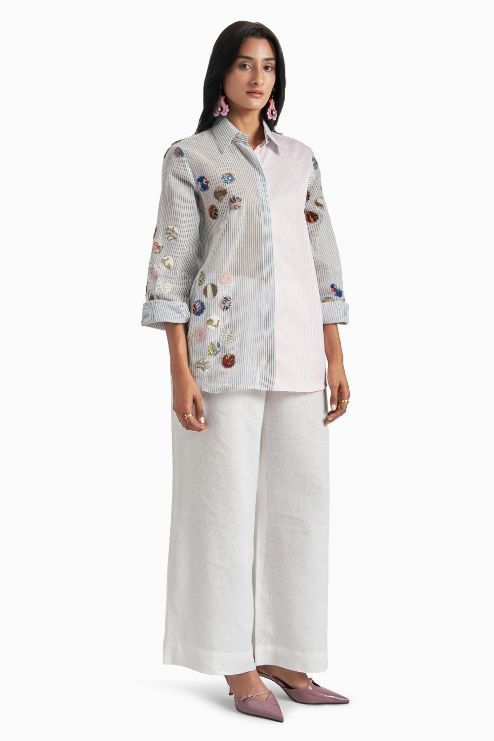 Blue Stripes with Patches Panel Shirt with Pink Stripes Set