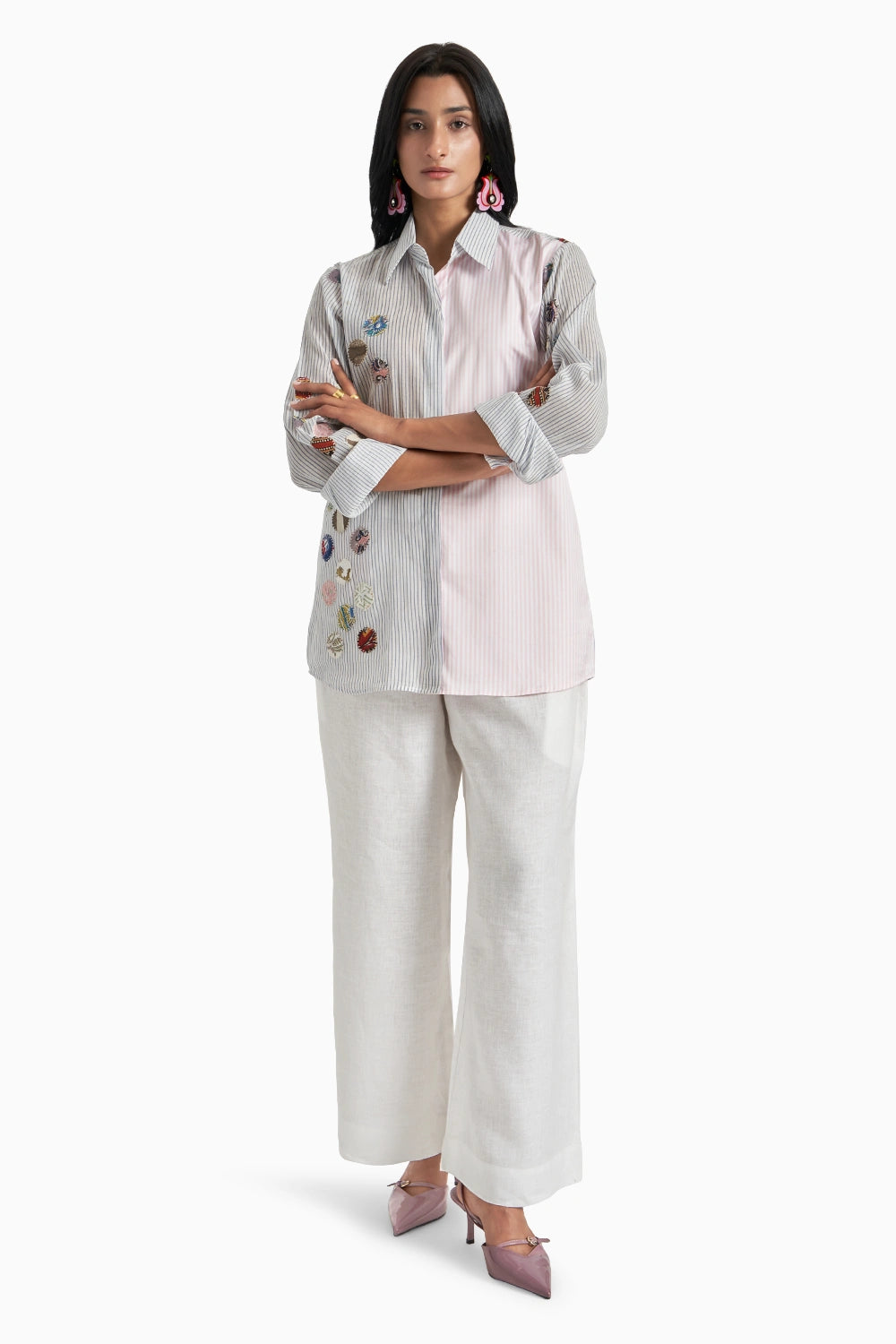 Blue Stripes with Patches Panel Shirt with Pink Stripes Set