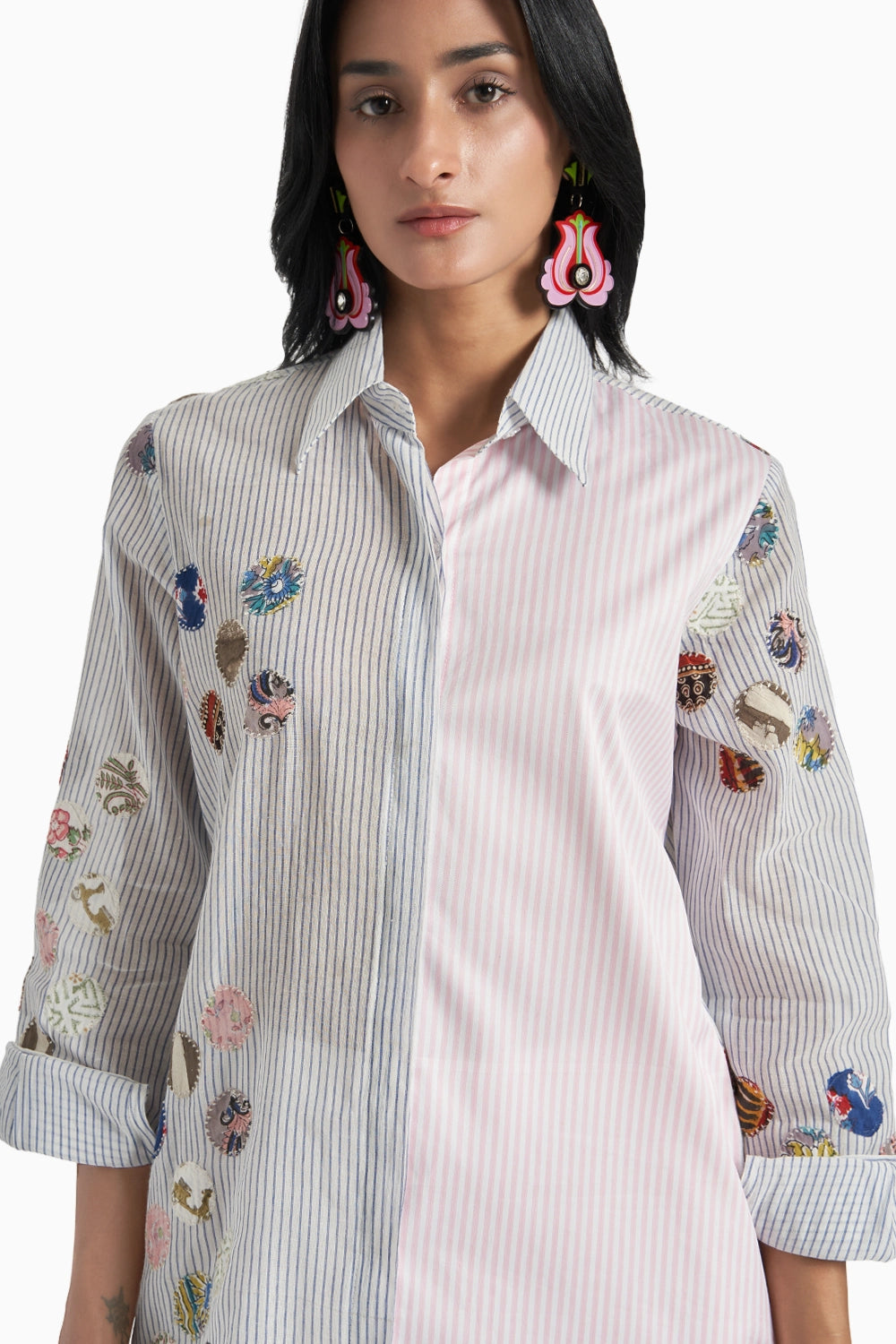 Blue Stripes with Patches Panel Shirt with Pink Stripes Set