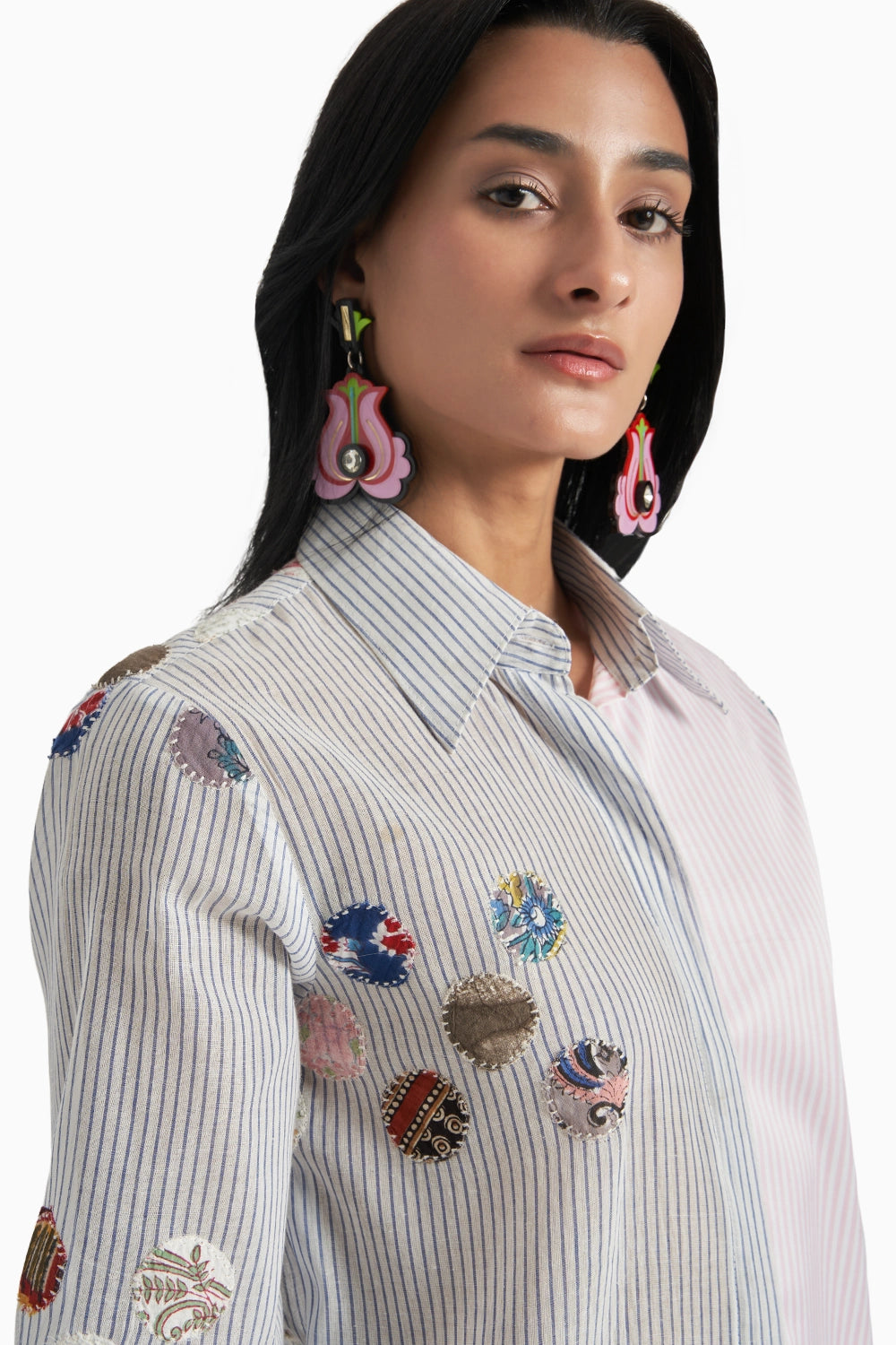 Blue Stripes with Patches Panel Shirt with Pink Stripes Set