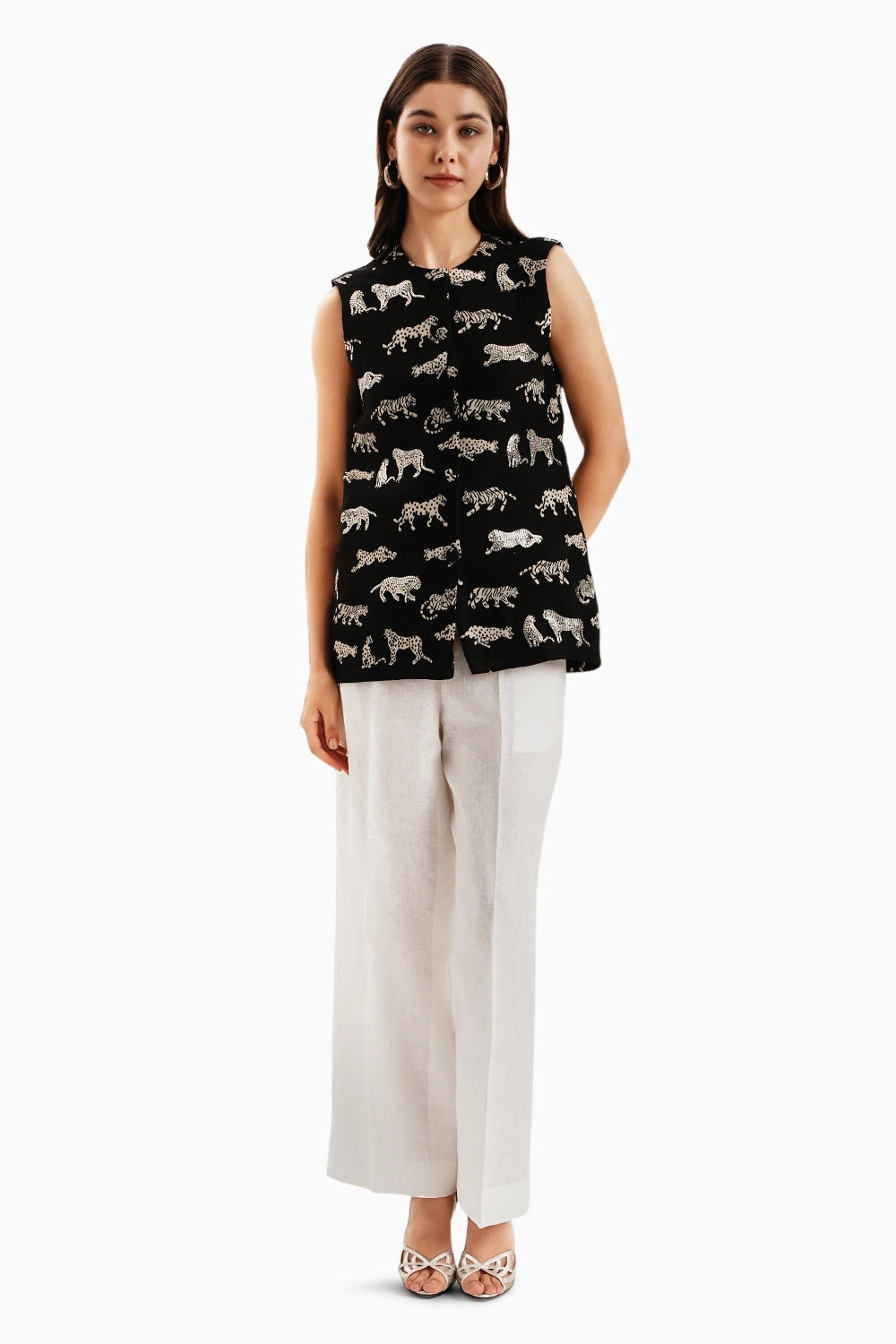 Black Leopard Jacquard Jacket with White Linen Pants