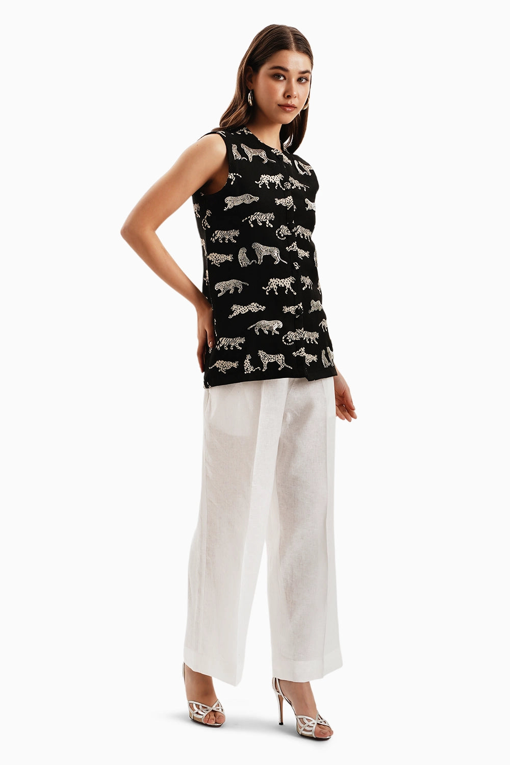 Black Leopard Jacquard Jacket with White Linen Pants