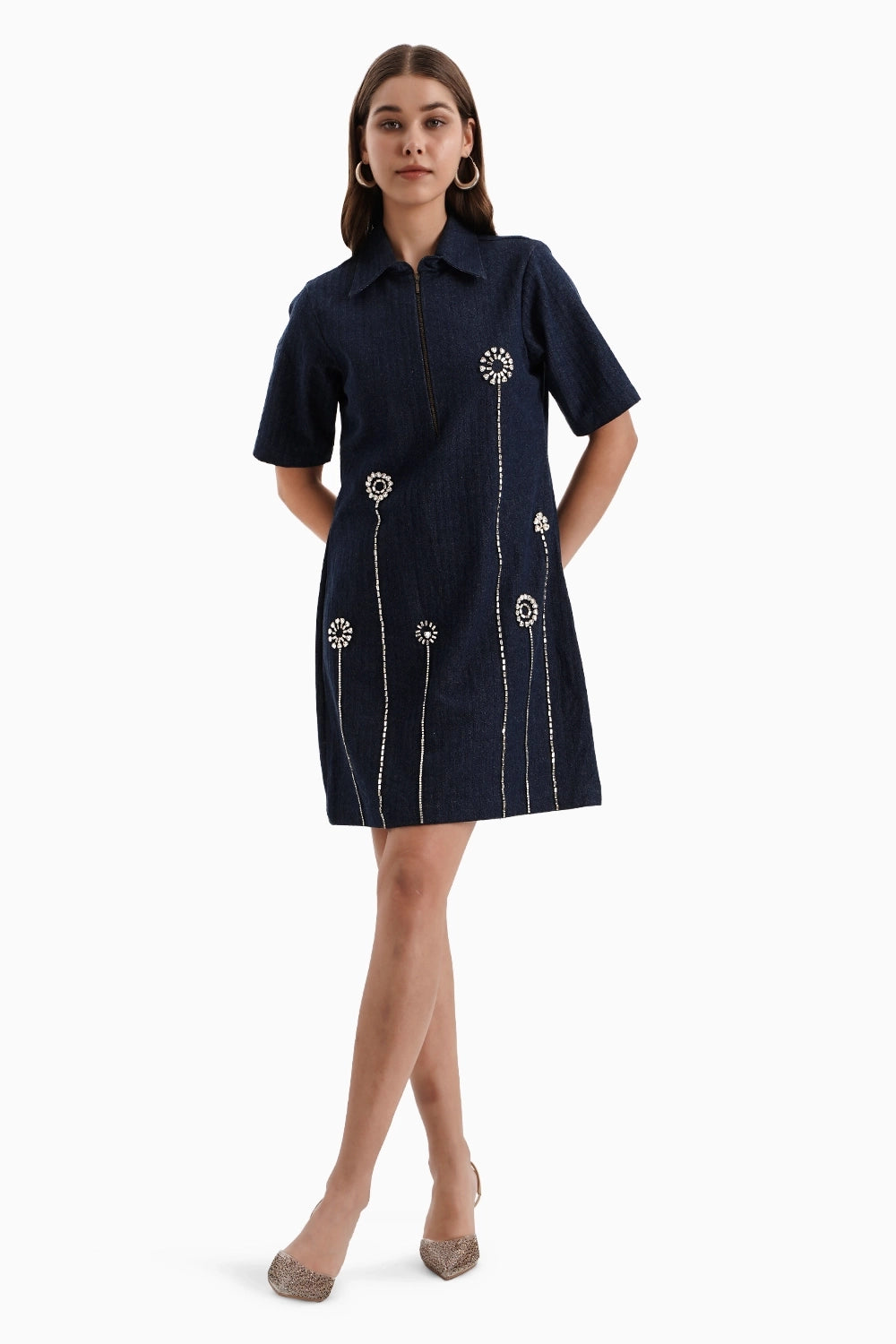 Dark Herringbone Denim Flower Dress