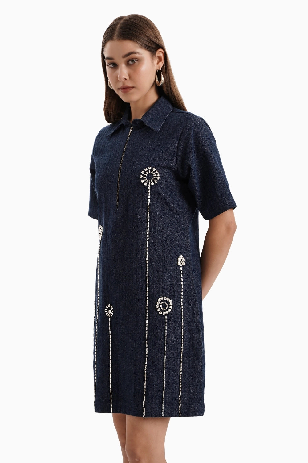 Dark Herringbone Denim Flower Dress