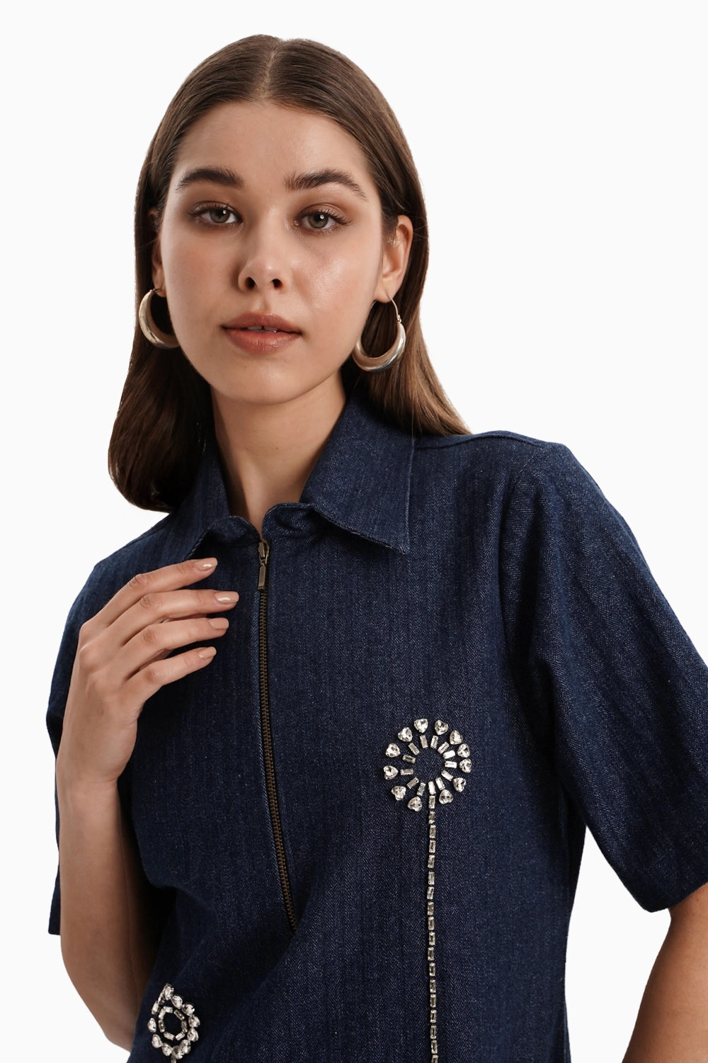 Dark Herringbone Denim Flower Dress