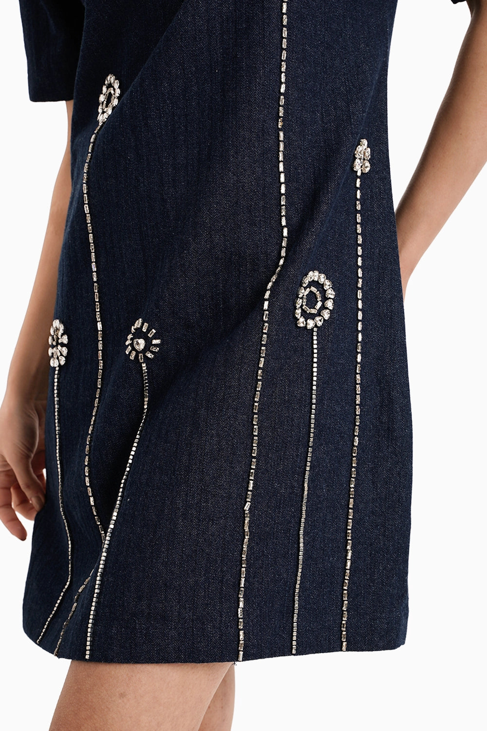 Dark Herringbone Denim Flower Dress