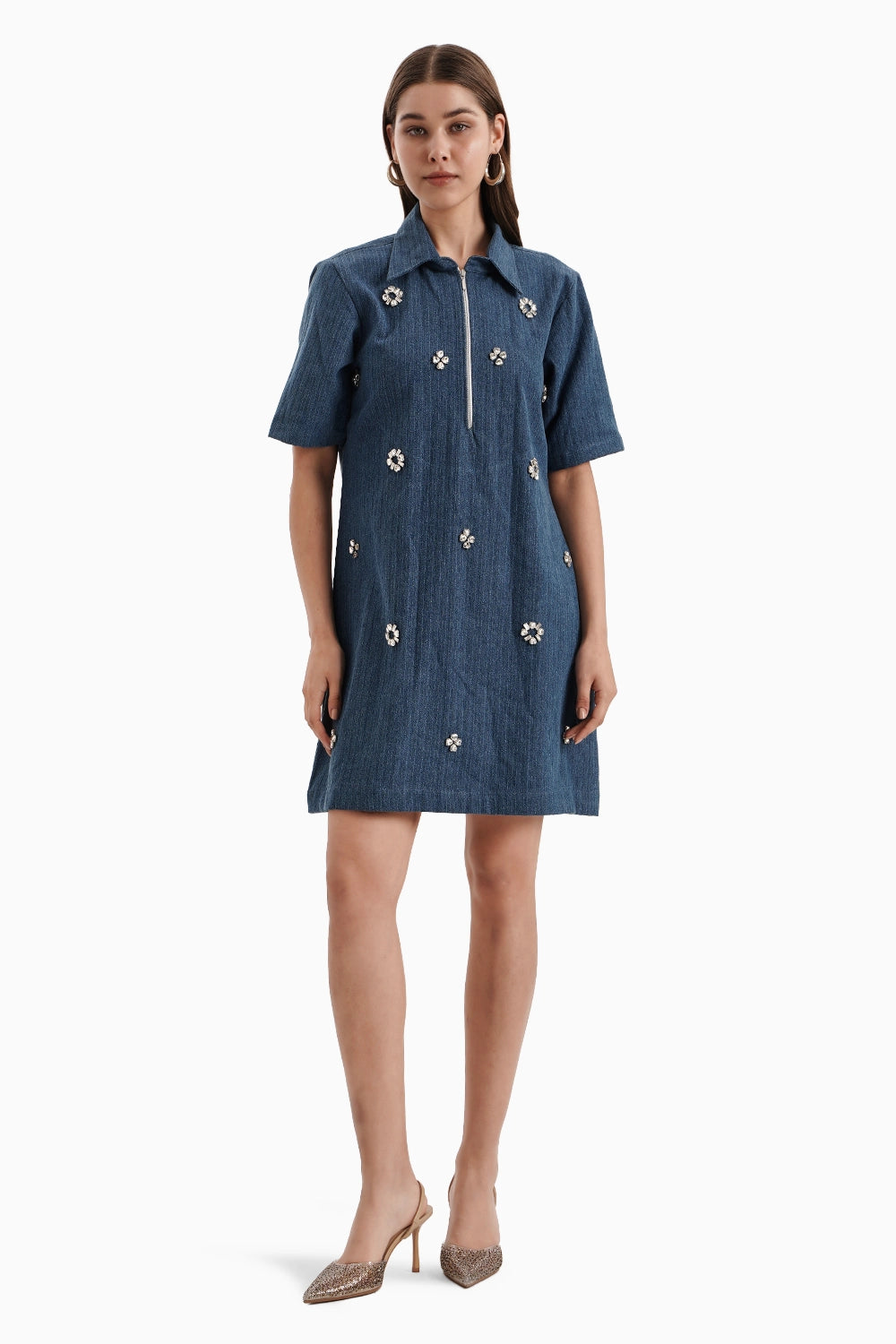 Medium Herringbone Denim Crystal Pendant Dress