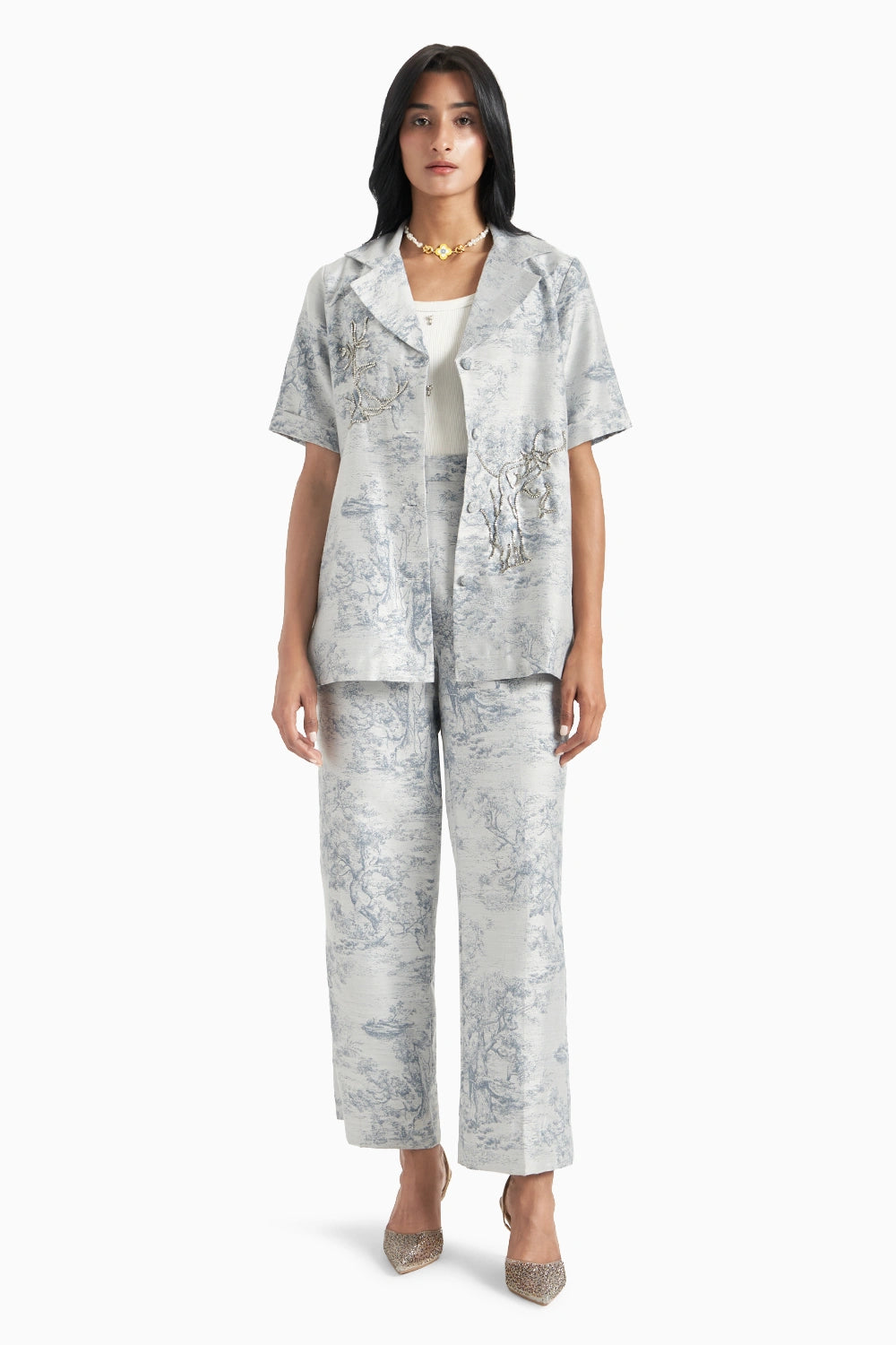 Blue Silk Jacquard Blazer Set