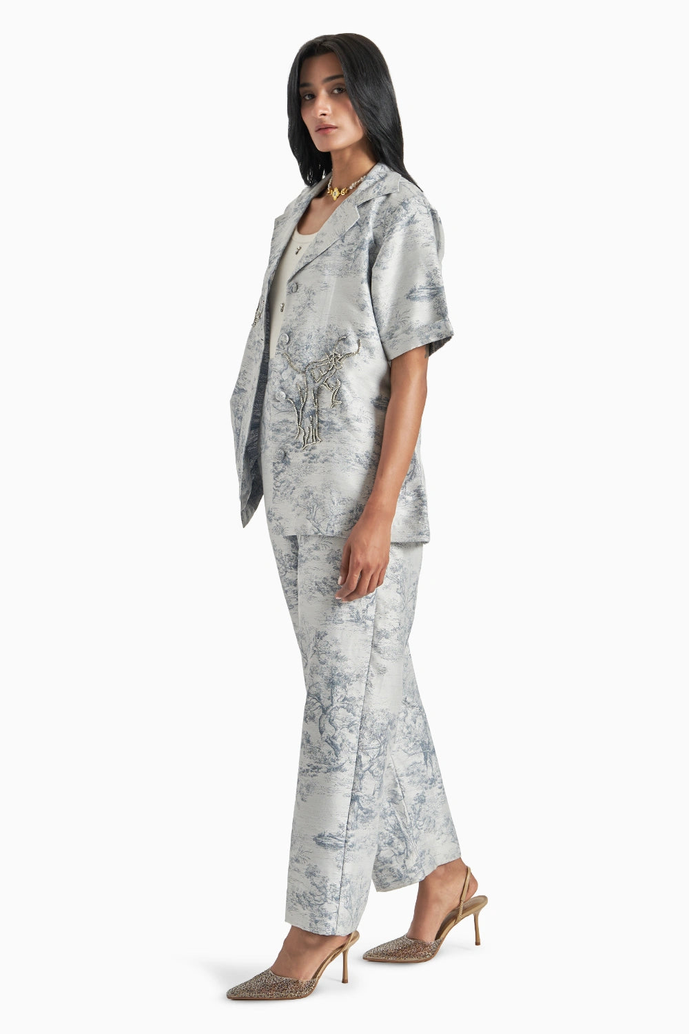 Blue Silk Jacquard Blazer Set