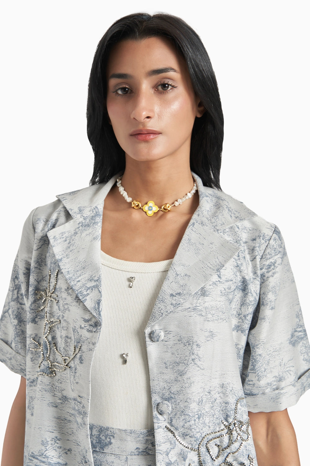 Blue Silk Jacquard Blazer Set