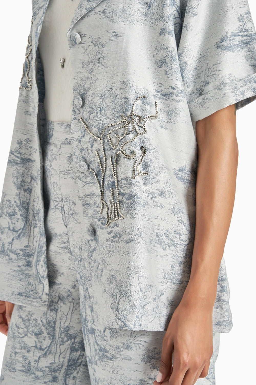 Blue Silk Jacquard Blazer Set