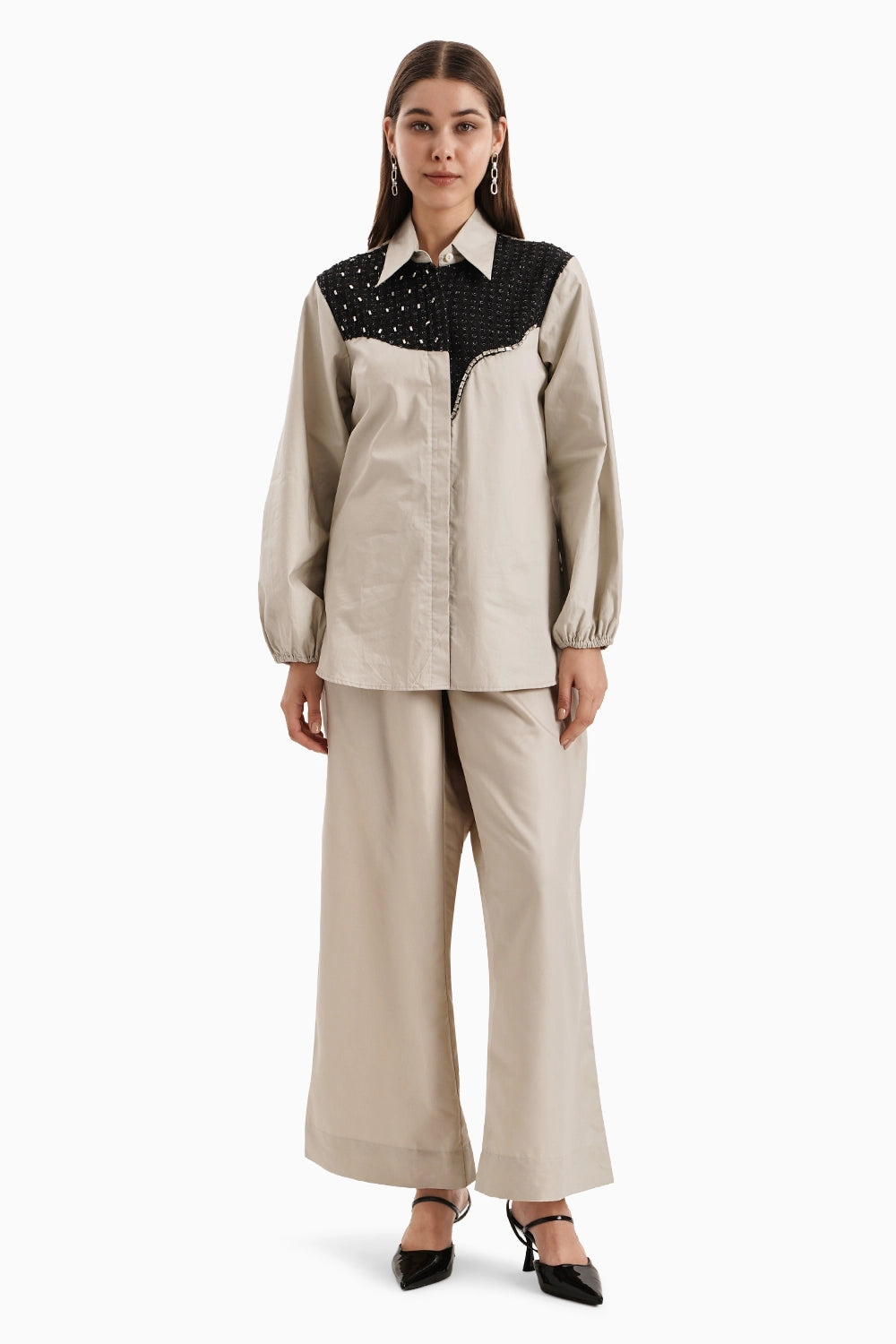 Taupe Black Curve Panel Shirt Set