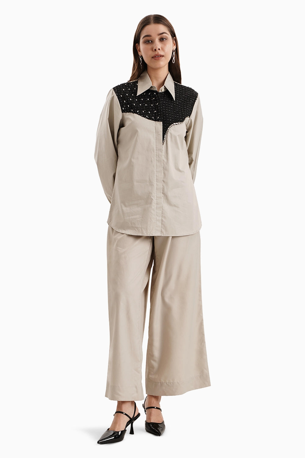 Taupe Black Curve Panel Shirt Set