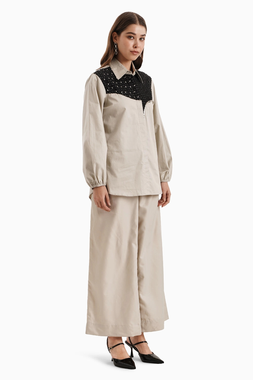 Taupe Black Curve Panel Shirt Set
