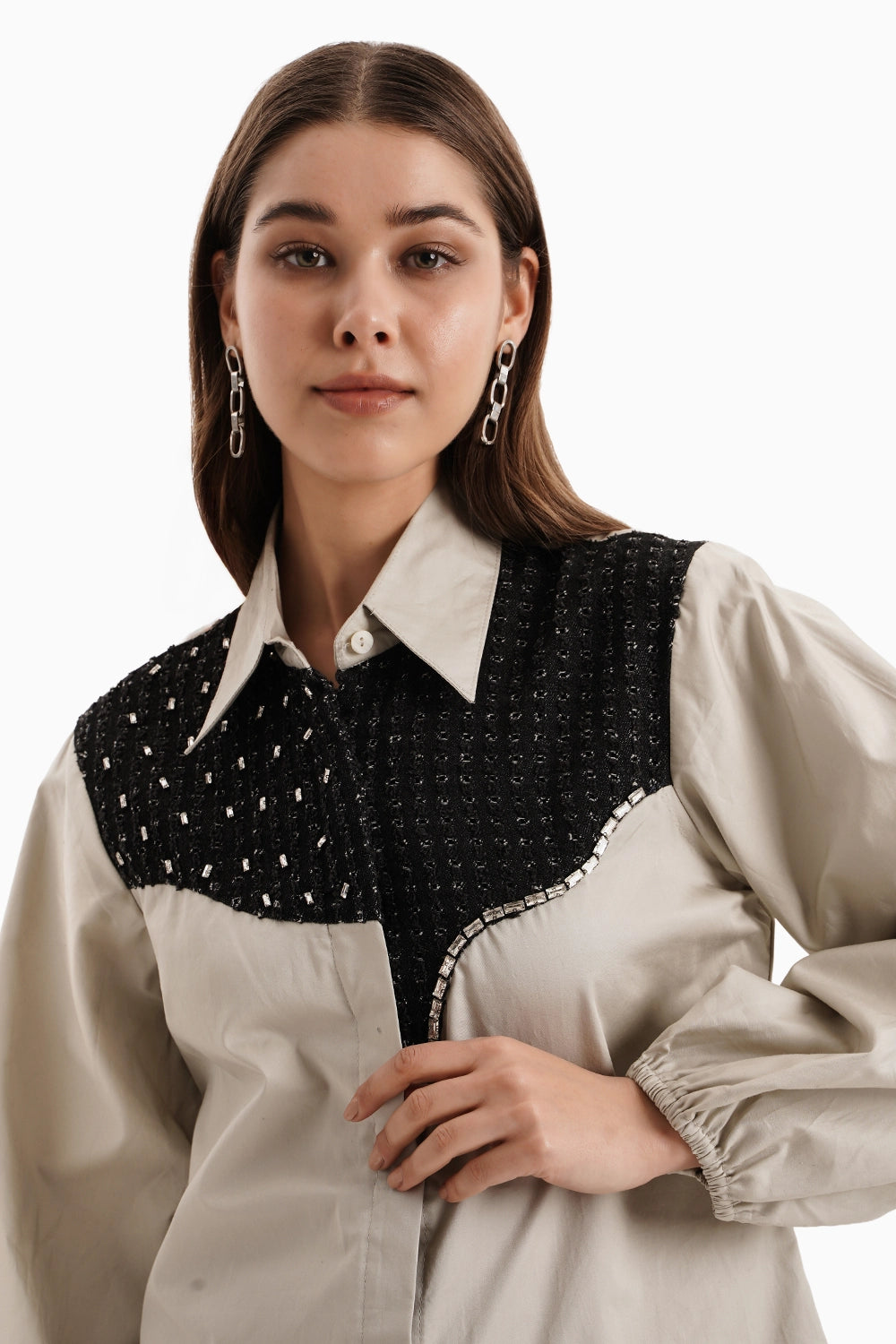 Taupe Black Curve Panel Shirt Set