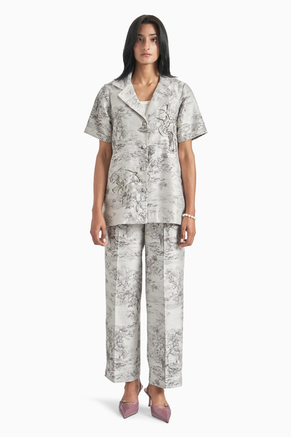 Grey Silk Jacquard Blazer Set