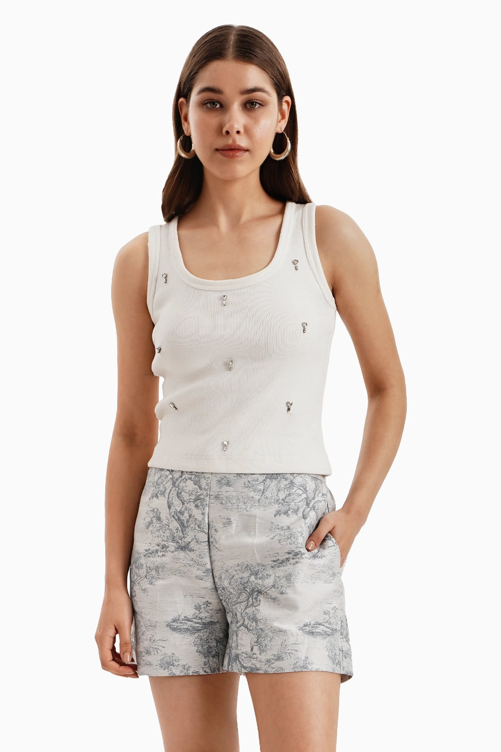 Blue Grey Silk Jacquard Shorts and Tank Top