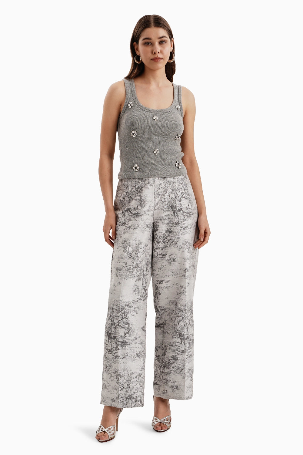 Grey White Silk Jacquard Pants and Tank Top