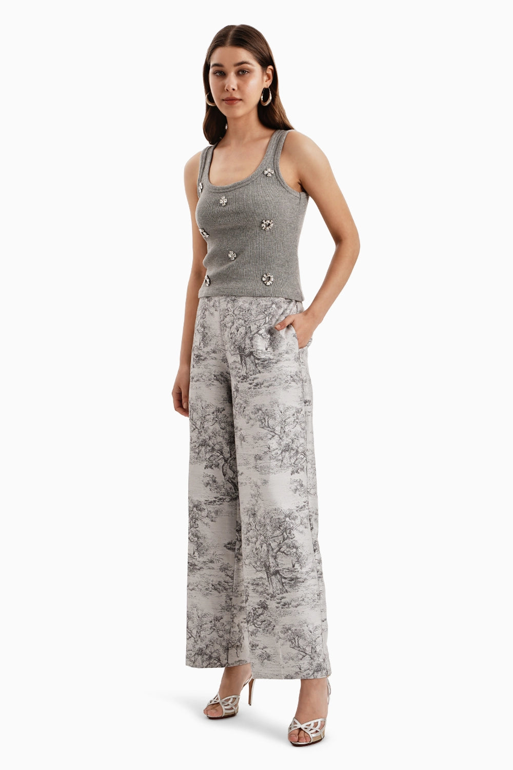 Grey White Silk Jacquard Pants and Tank Top