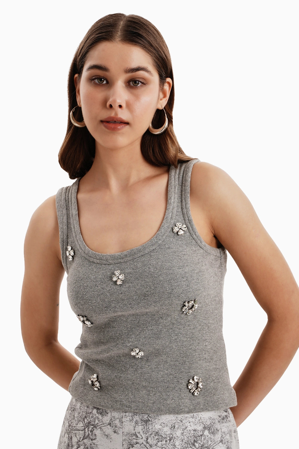 Grey White Silk Jacquard Pants and Tank Top