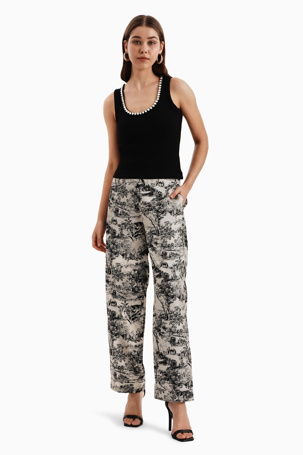 Black White Silk Jacquard Pants and Tank Top