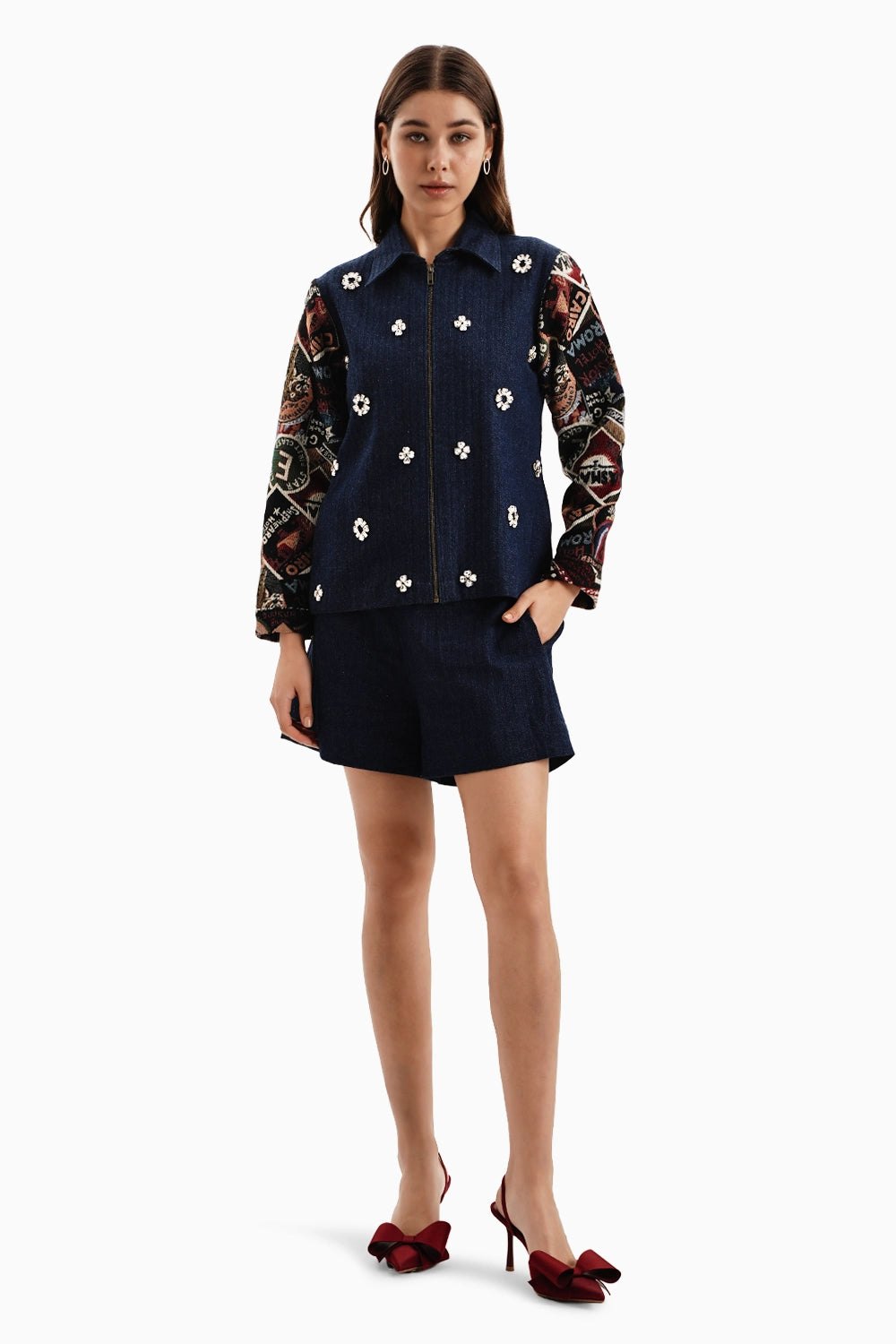 Dark Herringbone Jacket Set with Stamp Jacquard Sleeves