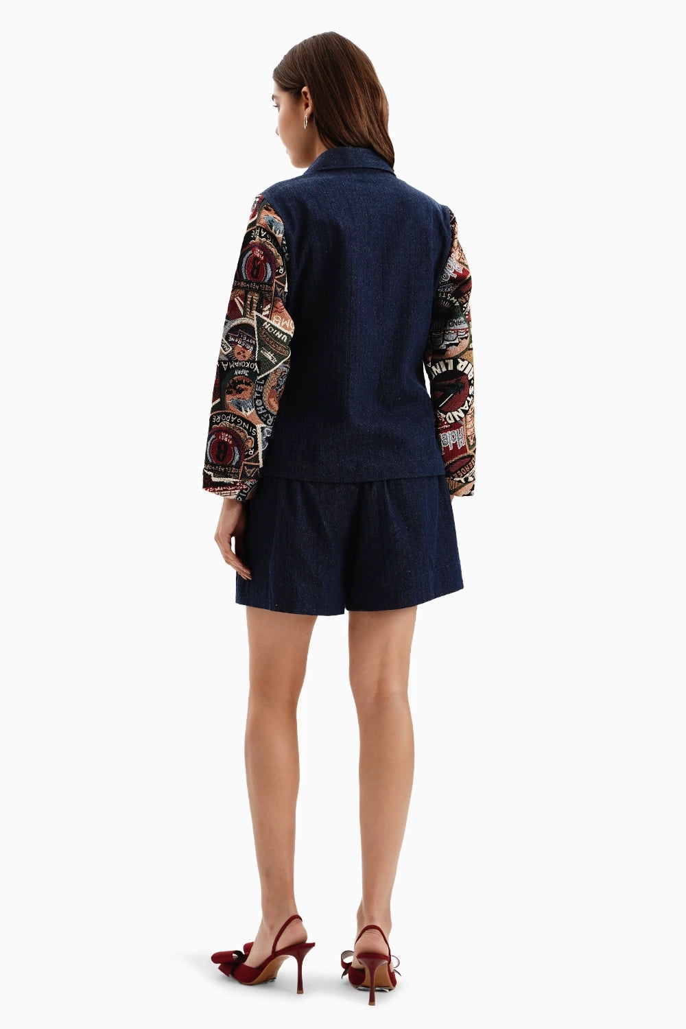 Dark Herringbone Jacket Set with Stamp Jacquard Sleeves